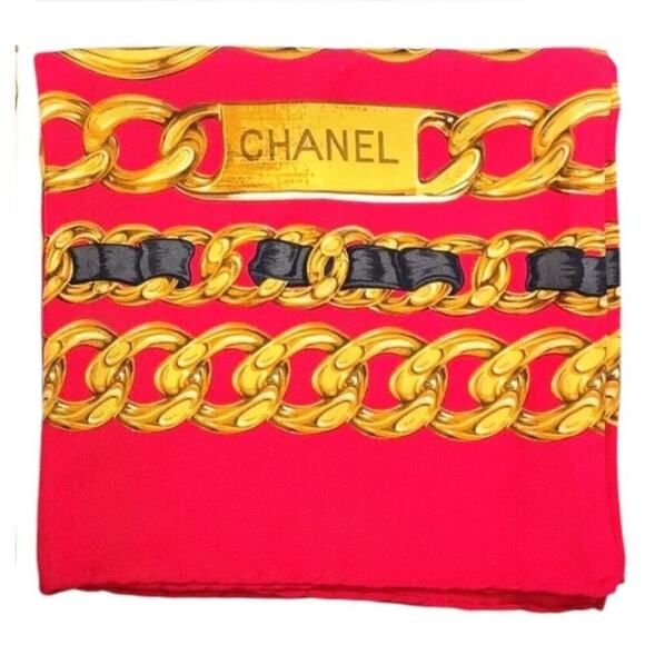 CHANEL Coco Mark Logo Red Chain Pattern Silk Scarf/Stole W/Box - Picture 13 of 16